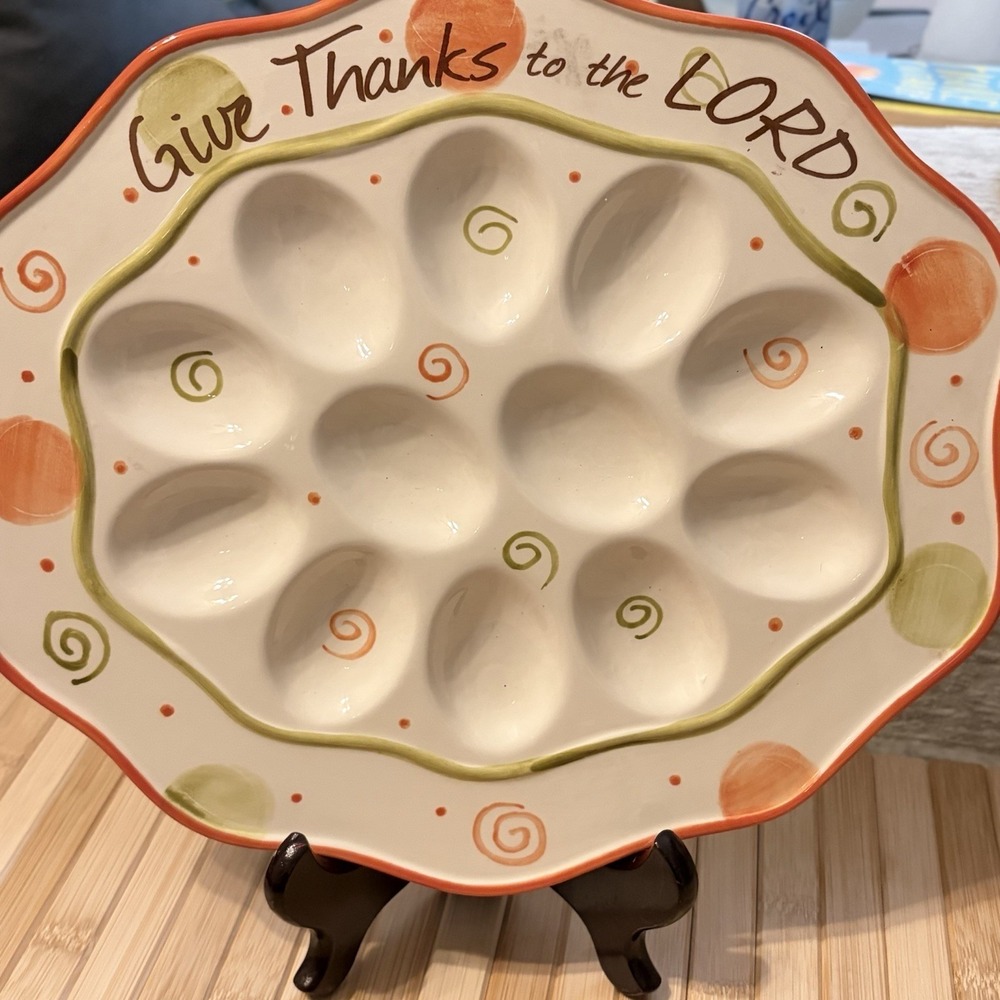 Deviled Egg‎ Plate Thanksgiving Ceramic Scalloped Serving Dish Give Thanks